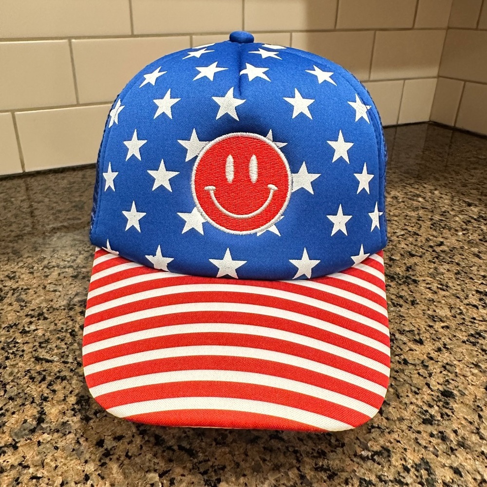 USA Smiley Face Unbranded Trucker Hat Men One Size Red White Blue Polyester